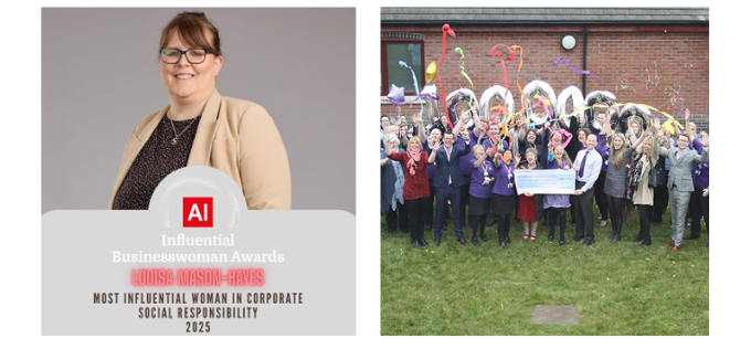 Left: Louisa Mason-Hayes wins Most Influential Woman in CSR 2025. Right: Champions raising £1M for Rainbows Hospice for Children & Young People