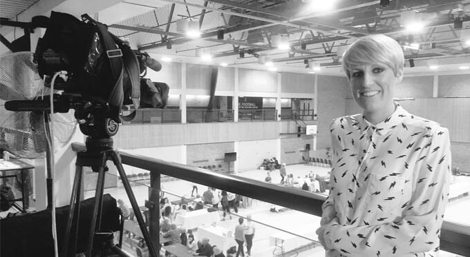Steph McGovern with broadcasting camera